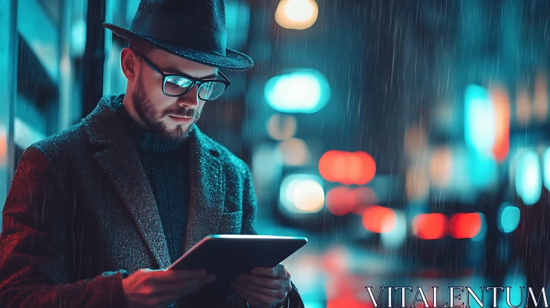 Urban Night Scene with Man and Technology AI Image