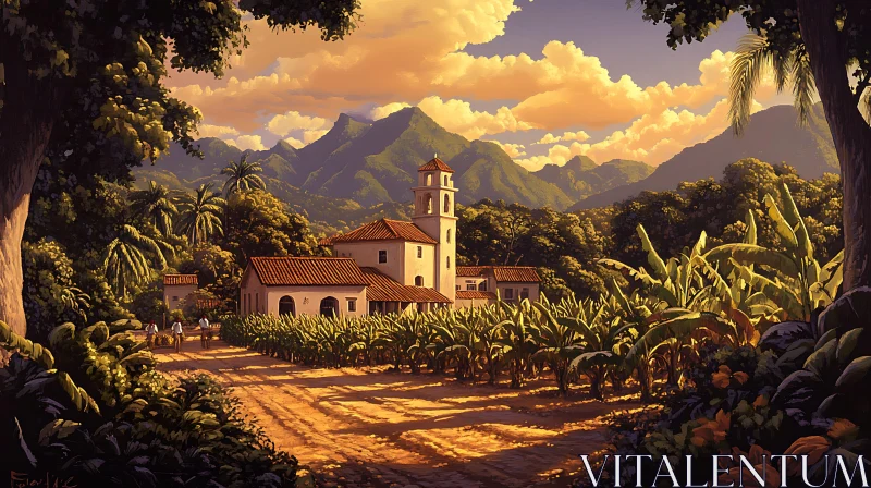 Picturesque Tropical Landscape with Church and Mountains AI Image