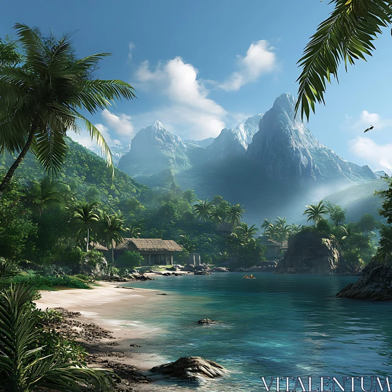 Idyllic Island with Serene Waters and Lush Greenery AI Image