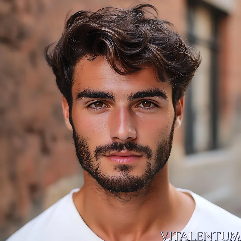 Urban Portrait of a Man with Wavy Brown Hair AI Image