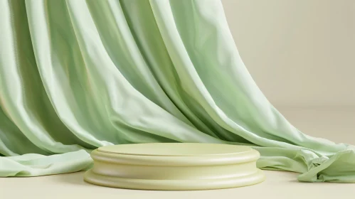 Minimalist Green Silk Drapes on Circular Platform