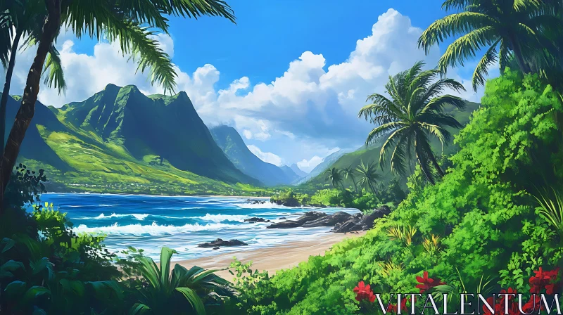 Tropical Island Scenery with Beach and Mountains AI Image