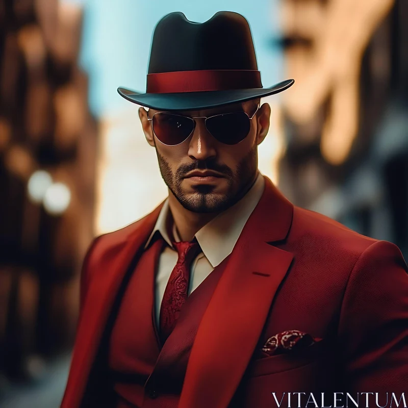 Urban Fashion Icon in Red Suit AI Image