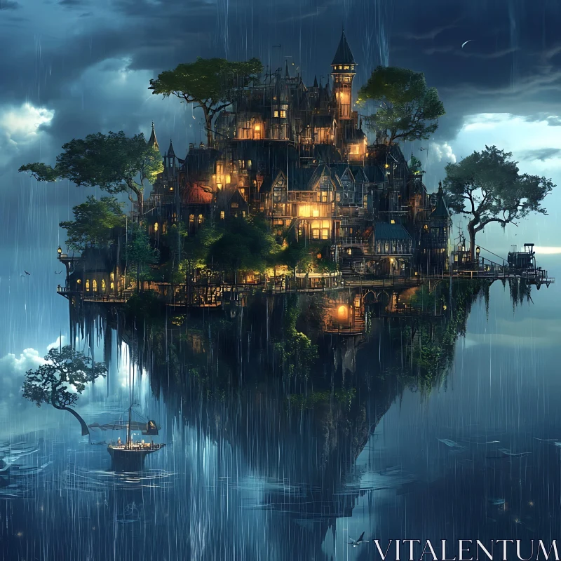 Mystical Castle on Floating Island in Rainy Night AI Image