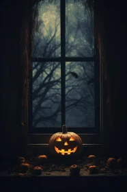 Shadowy Jack-o'-Lantern by Moonlit Window