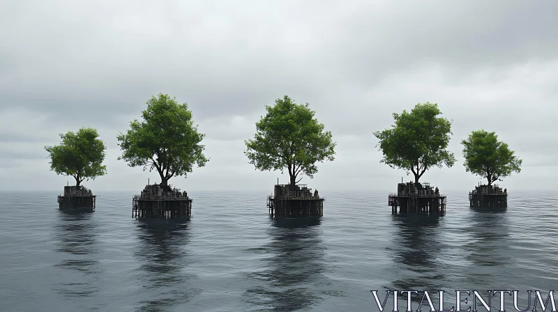 Tranquil Floating Tree Islands in Overcast Weather AI Image