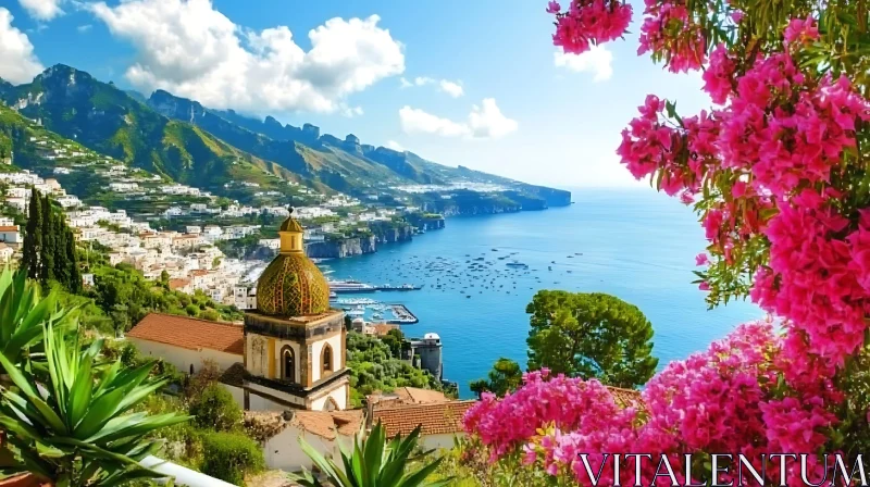 Charming Coastal Village with Pink Flowers AI Image