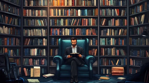 Man Immersed in Reading in an Elegant Library