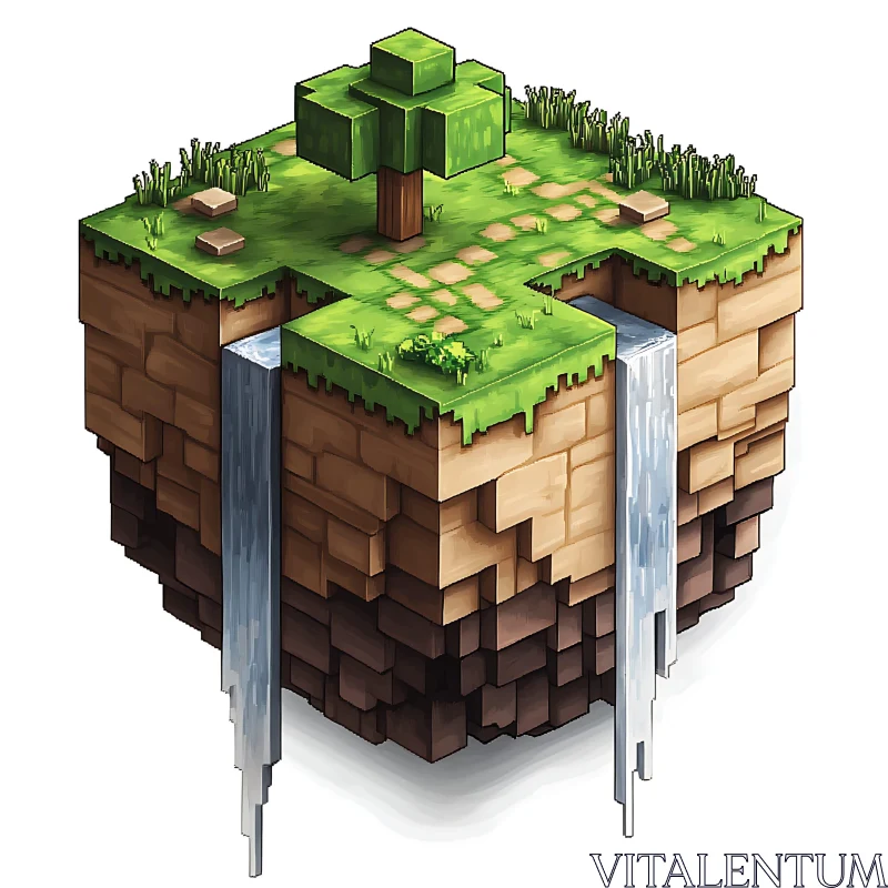 Voxel Style Island with Cascading Waterfalls AI Image