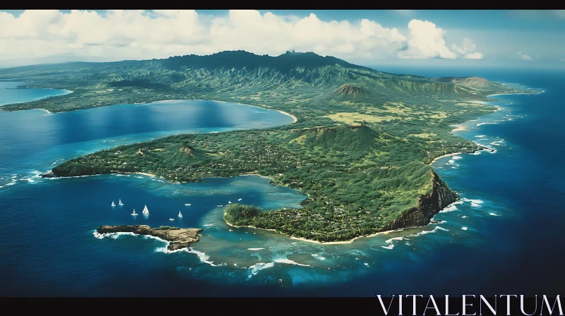 Tropical Island Aerial with Sailboats and Mountains AI Image