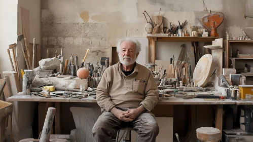 Artisan Surrounded by Crafting Tools in Studio