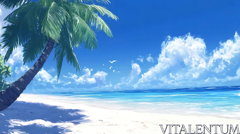 Peaceful Beach Scene with Palm Tree AI Image