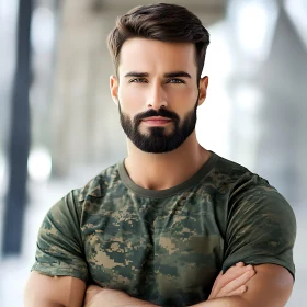 Bearded Man in Camouflage Shirt Portrait