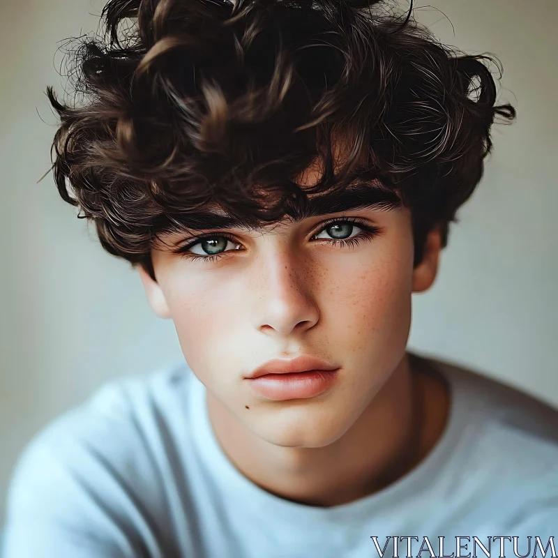 Curly-Haired Boy with Blue Eyes Portrait AI Image