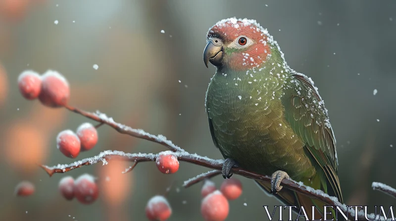 Snow-Kissed Parrot Among Berries AI Image