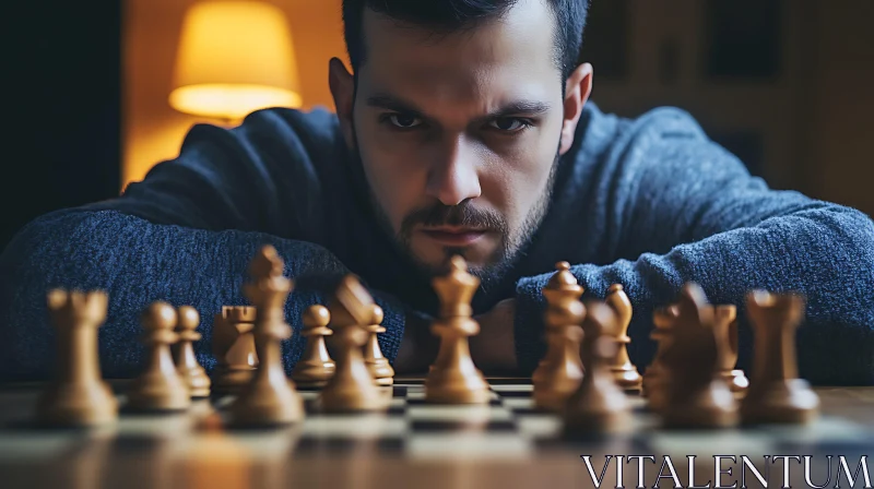 Man Deep in Thought During Chess Match AI Image