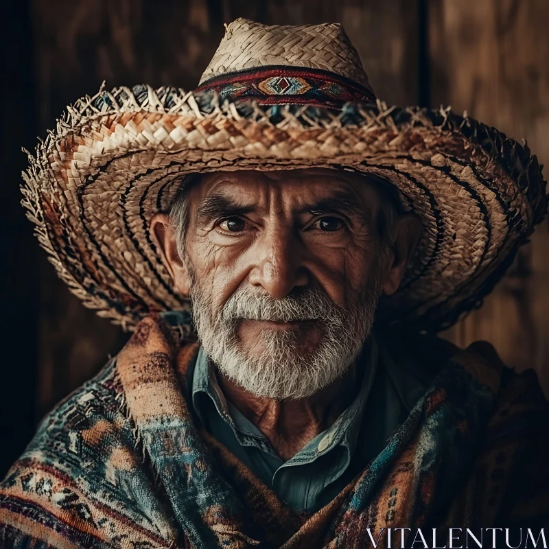 Elderly Man with Straw Hat and Colorful Blanket AI Image