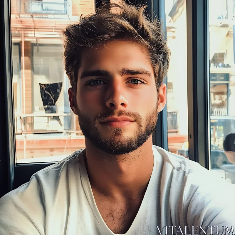 Casual Young Man in Sunlit Cafe AI Image