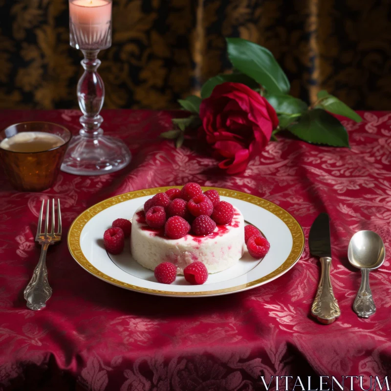 AI ART Luxury Dining with Raspberry-Topped Cake