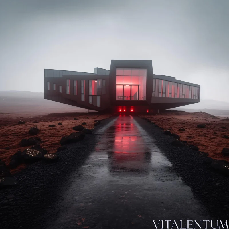 AI ART Modern Red-Lit Architecture in Fog