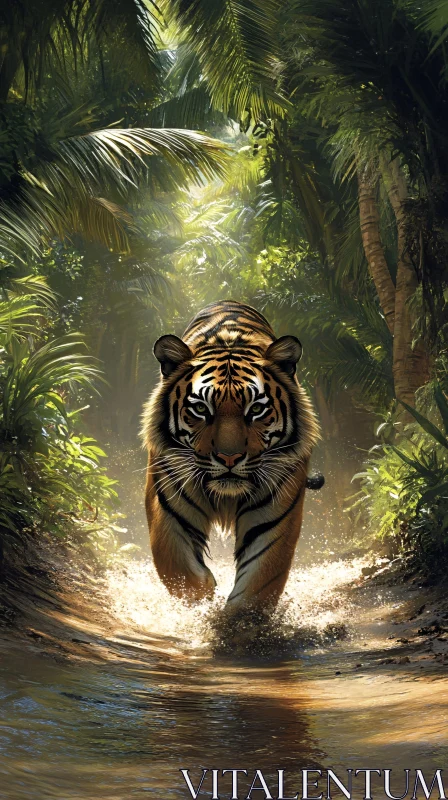 Tiger in Dense Jungle Landscape AI Image