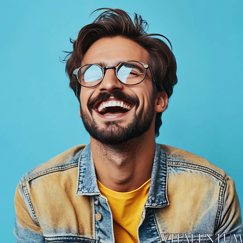 Laughing Man with Beard in Denim AI Image