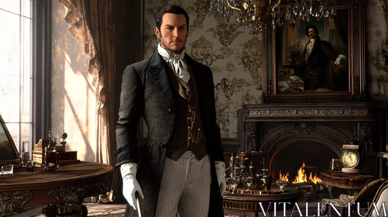 Refined Gentleman in Opulent Victorian Interior AI Image