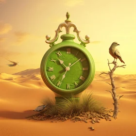 Green Clock and Bird in Desert