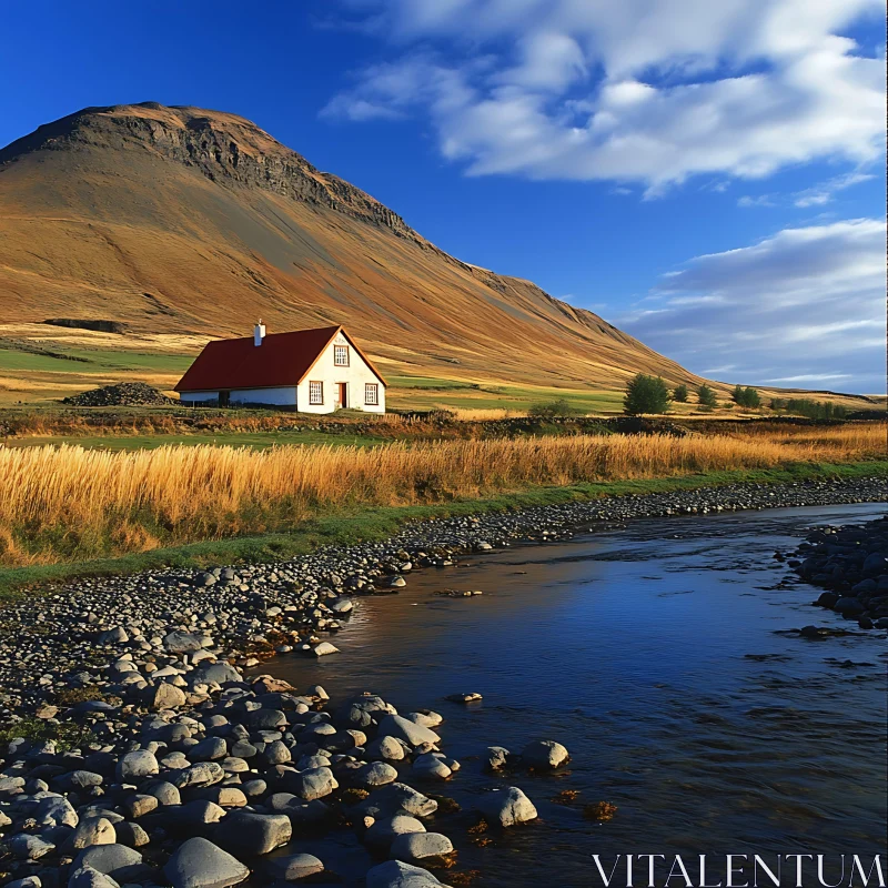 AI ART Idyllic Mountain Landscape with Red-roofed House