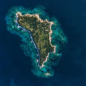 Lush Green Island Surrounded by Blue and Turquoise Sea from Above