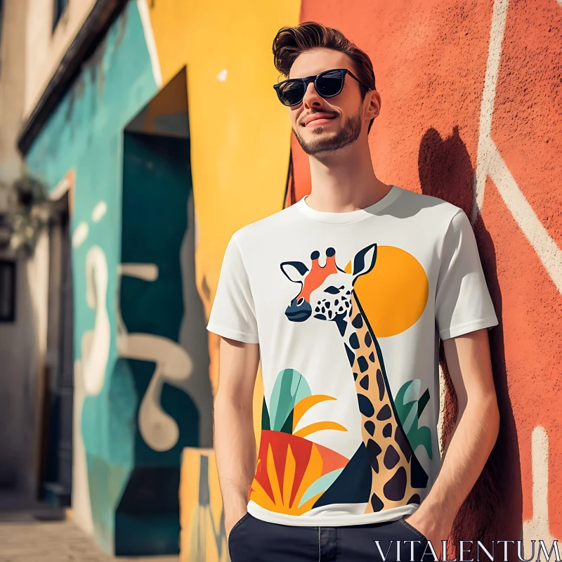 Urban Fashion: Man in Colorful Giraffe Tee AI Image