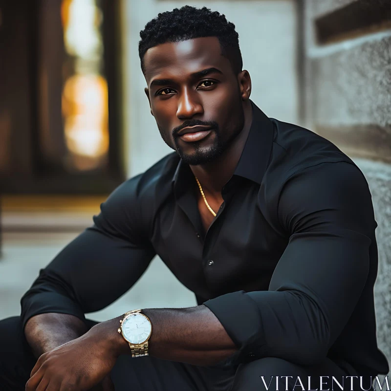 Fashionable Outdoor Portrait of a Man in Black Shirt AI Image