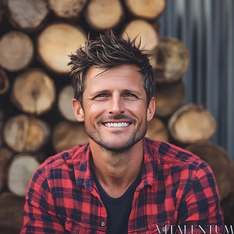 Happy Man in Front of Cut Logs AI Image