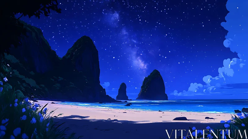 Tranquil Night Beach with Islands and Stars AI Image