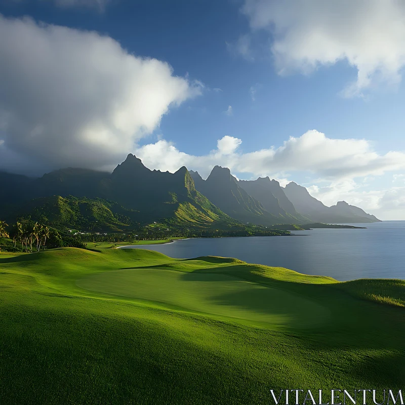 Serene Island Vista with Mountains and Ocean AI Image