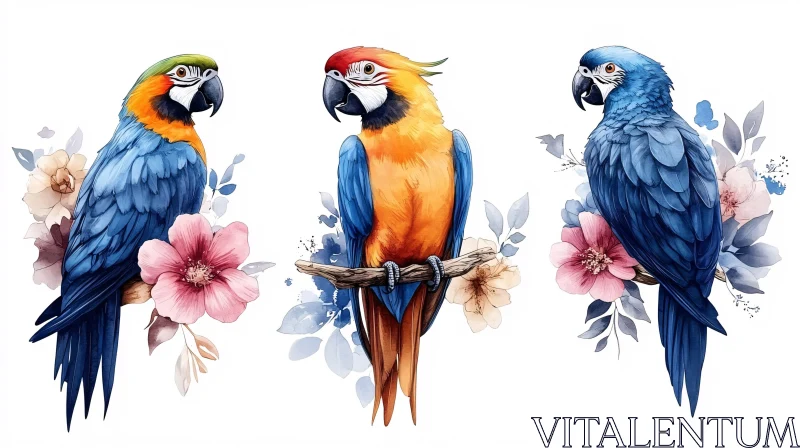 AI ART Colorful Parrots Among Delicate Blooms