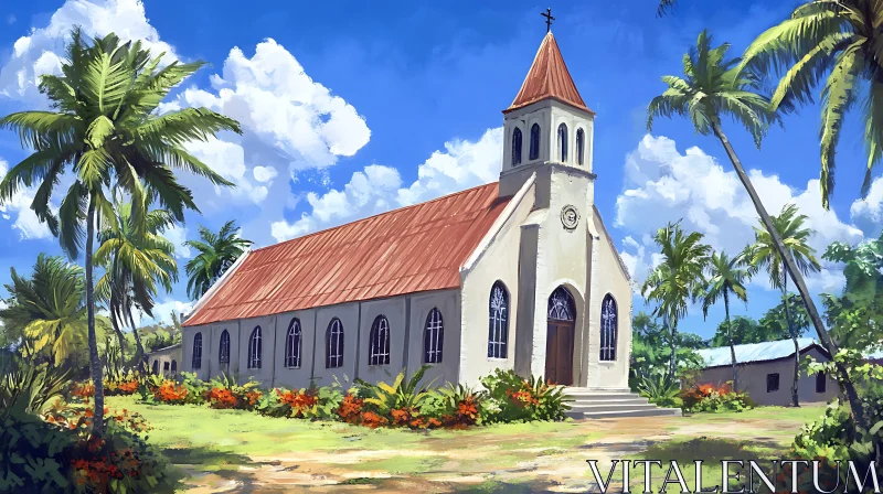 Tropical Church Amidst Lush Vegetation AI Image