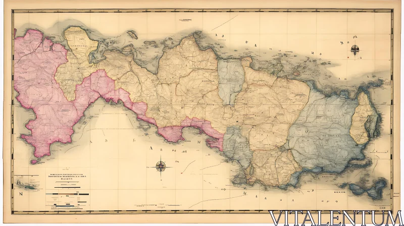 Historic Map of a Landmass with Topographical Details AI Image