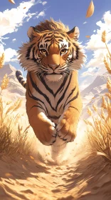 Tiger in Mid-Run Amidst Wheat Field