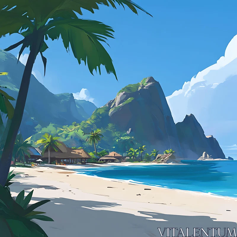 Tropical Seaside Paradise with Mountainous Backdrop AI Image