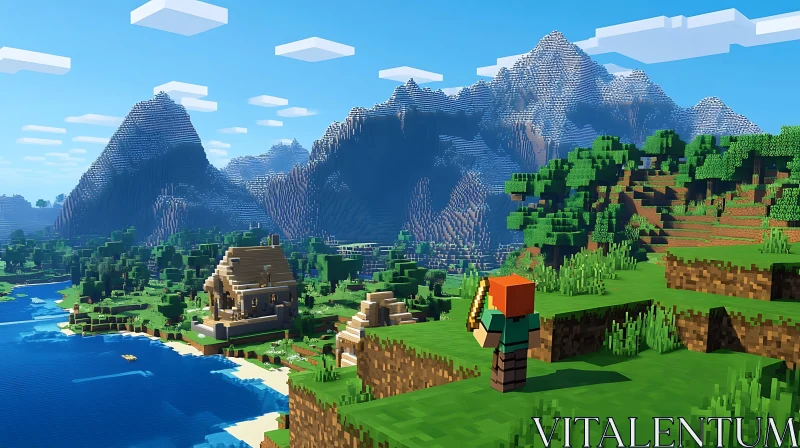 Minecraft Scenic View with Villages and Mountains AI Image