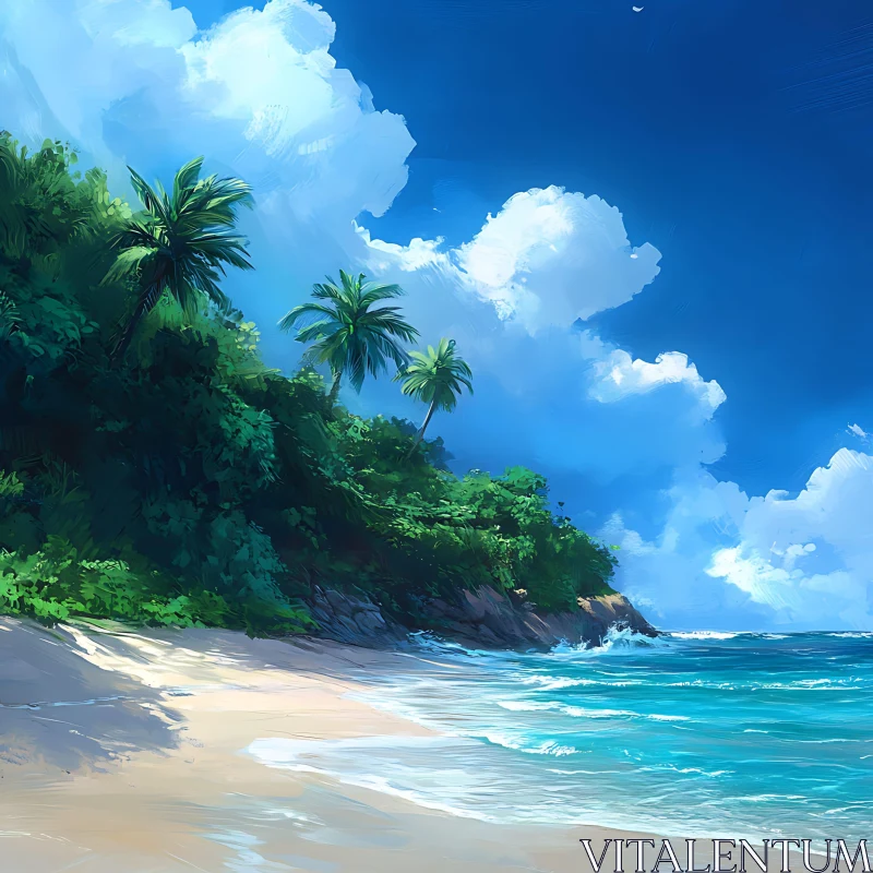 Scenic Tropical Beachfront with Lush Greenery and Ocean Waves AI Image