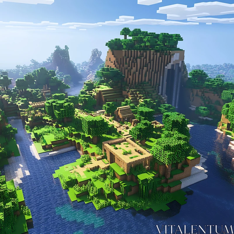 Lush Pixelated Island with Water Features AI Image