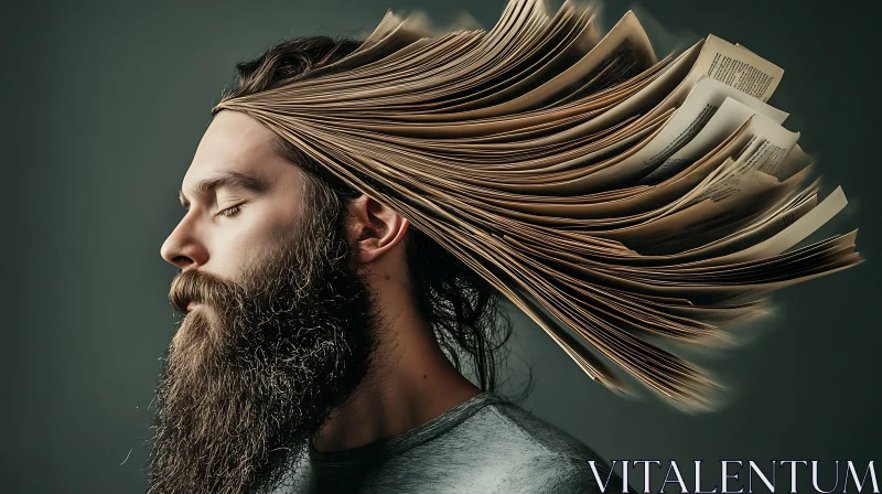 Fantasy Artwork: Man with Book Pages Hair AI Image