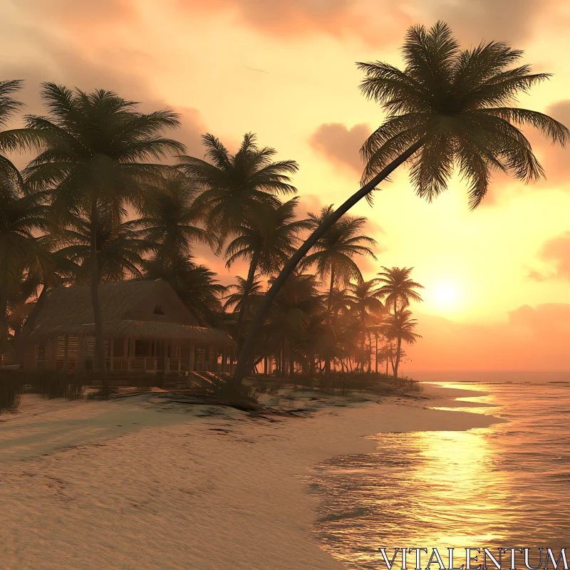 Tranquil Beach at Sunset with Palm Trees and Cabin AI Image