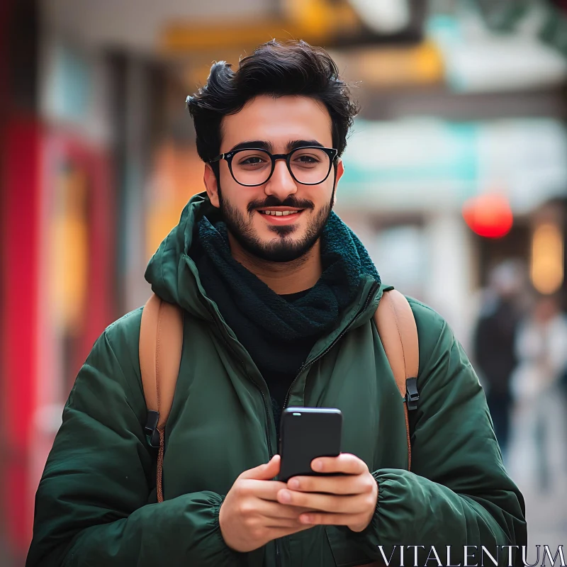 City Portrait of Man with Glasses and Smartphone AI Image