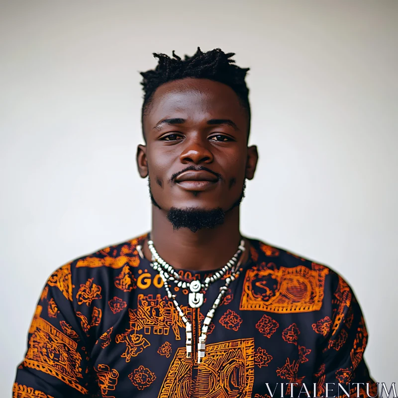 Young Man in Traditional Black and Orange Attire AI Image