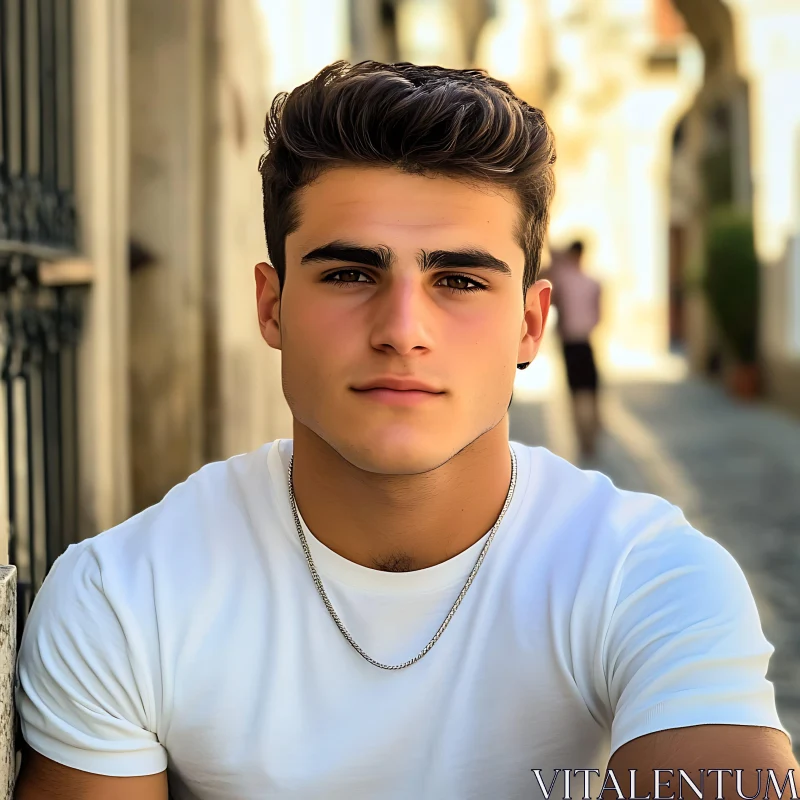 Young Man in White T-Shirt on City Street AI Image