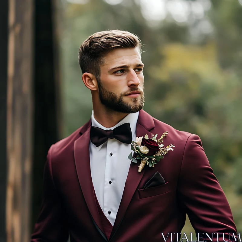 Distinguished Gentleman in Burgundy Suit AI Image