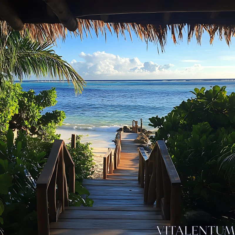 Secluded Wooden Path to Tropical Beach AI Image